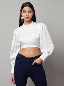 Attic Salt - White Solid Balloon Sleeve Crop Top