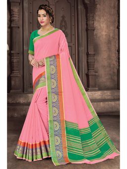 Sangam Prints - Pink Cotton Handloom Woven Work Traditional Saree with Unstitched Blouse