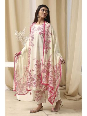 Women White 3/4Th Sleeve Gotta Striped A-Line Kurta With Palazzo And Printed Dupatta main image 1