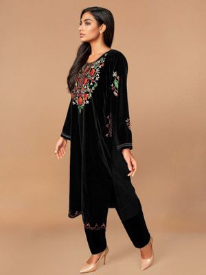 Girl Black Velvet Embroidered V-Neck Short Kurta