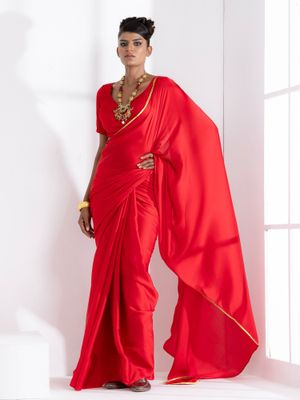 Red Embroidered Satin Saree With Unstitched Blouse Piece