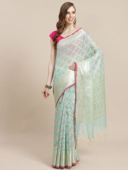 Banarasi Silk Works - Masrise Cotton Woven Saree Green with Unstitched Blouse