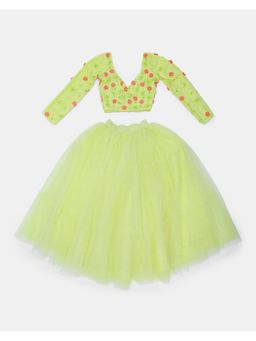 PHATAKAA - Mini Aneria Green Floral Top and Lehenga (Set of 2)