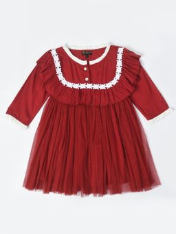 Bella Moda - Girls Fit and Flair Solid Full Sleeve Party Wear Dress-Maroon