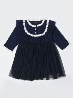 Bella Moda - Girls Fit and Flair Solid Full Sleeve Party Wear Dress-Navy Blue
