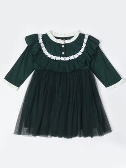 Bella Moda - Girls Fit and Flair Solid Full Sleeve Party Wear Dress-Green