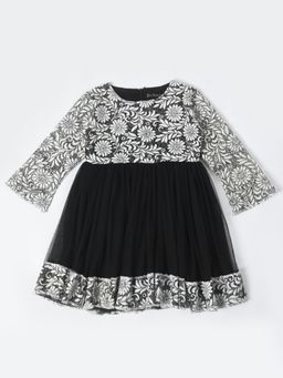 Bella Moda - Girls Fit and Flair Floral Full Sleeve Party Wear Dress-Black