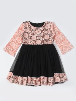 Bella Moda - Girls Fit and Flair Floral Full Sleeve Party Wear Dress-Orange