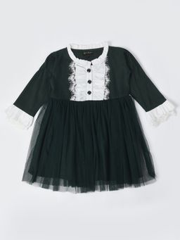 Bella Moda - Girls Fit and Flair Colorblock Full Sleeve Party Wear Dress-Green