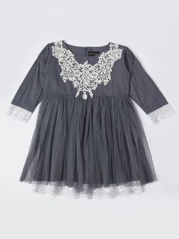 Bella Moda - Girls Fit and Flair Embroidered Full Sleeve Party Wear Dress-Grey