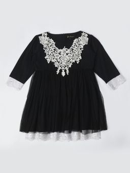 Bella Moda - Girls Fit and Flair Embroidered Full Sleeve Party Wear Dress-Black
