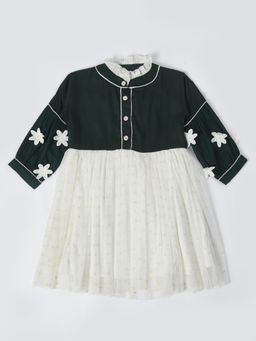 Bella Moda - Girls Fit and Flair Colorblock Full Sleeve Party Wear Dress-Green