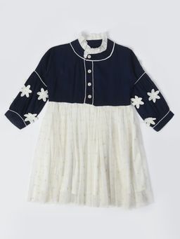 Bella Moda - Girls Fit and Flair Colorblock Full Sleeve Party Wear Dress-Navy Blue