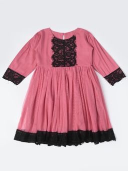 Bella Moda - Girls Fit and Flair Embroidered Full Sleeve Party Wear Dress-Peach