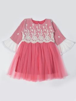 Bella Moda - Girls Fit and Flair Embroidered Full Sleeve Party Wear Dress-Pink