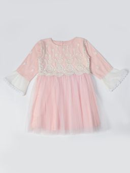 Bella Moda - Girls Fit and Flair Embroidered Full Sleeve Party Wear Dress-Pink