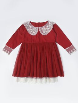 Bella Moda - Girls Fit and Flair Embroidered Full Sleeve Party Wear Dress-Maroon
