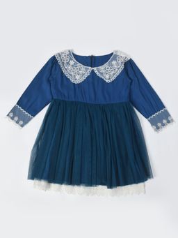 Bella Moda - Girls Fit and Flair Embroidered Full Sleeve Party Wear Dress-Blue