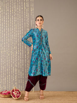 STADO - Blue Velvet Floral Print Kurta and Salwar (Set of 2)