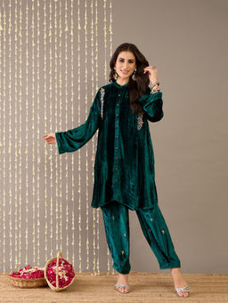 STADO - Teal Velvet Anti Fit Shirt Style Kurta and Salwar (Set of 2)
