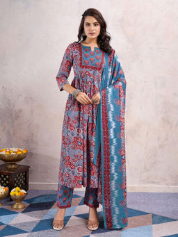 MOJILAA - Women's Blue Cotton Floral Print Kurta with Pant and Dupatta (Set of 3)