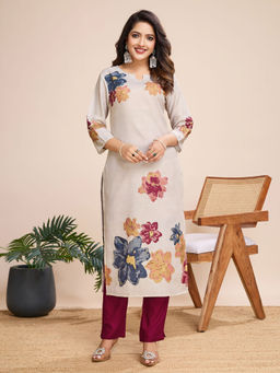 MOJILAA - Women's Beige Linen Silk Floral Printed Straight Kurta and Pant (Set of 2)
