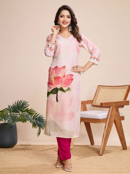 MOJILAA - Women's Pink Linen Silk Floral Print Straight Kurta and Pant (Set of 2)