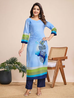 MOJILAA - Women's Blue Linen Silk Floral and Leaf Printed Straight Kurta and Pant (Set of 2)