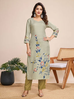 MOJILAA - Women's Khaki Linen Silk Geometric Printed Straight Kurta and Pant (Set of 2)