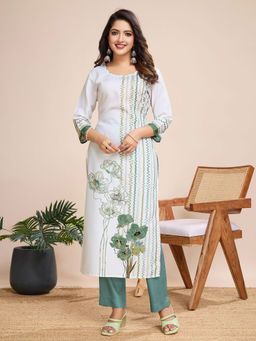 MOJILAA - Women's White Linen Silk Chevron Printed Straight Kurta and Pant (Set of 2)