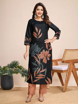 MOJILAA - Women's Black Linen Silk Floral and Leaf Printed Straight Kurta and Pant (Set of 2)