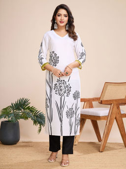 MOJILAA - Women's White Linen Silk Floral and Leaf Printed Straight Kurta and Pant (Set of 2)