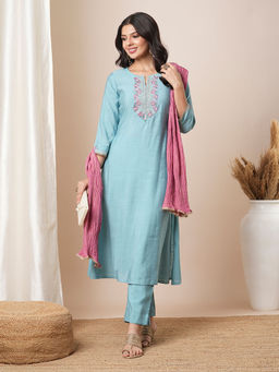 Kami Kubi - Silk Blend Embroidered Straight Kurta Paired with Pant and Dupatta (Set of 3)