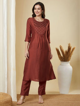 Kami Kubi - Rust A-Line Roman Zari Embroidery Silk Kurta and Pant (Set of 2)