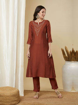 Kami Kubi - Women's Rust Zari Embroidery Silk Straight Kurta and Pant (Set of 2)