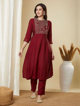 Kami Kubi - Embroidered Yoke A-Line Princess Kurta with Pant (Set of 2)