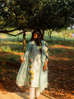 Label Earthen - Blue Chanderi Embroidery Detailing Kurta and Trouser (Set of 2)