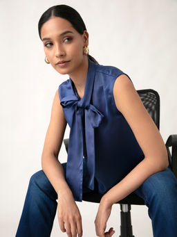 Twenty Dresses by Nykaa Fashion - Blue Solid Round Neck Tie Up Satin Top