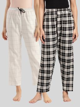 Kryptic - Womens Black White Cotton Check Lounge Pajamas (Pack of 2)