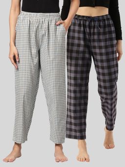 Kryptic - Womens Blue & Grey Cotton Check Lounge Pajamas (Pack of 2)