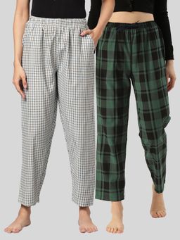 Kryptic - Womens Blue & Green Cotton Check Lounge Pajamas (Pack of 2)