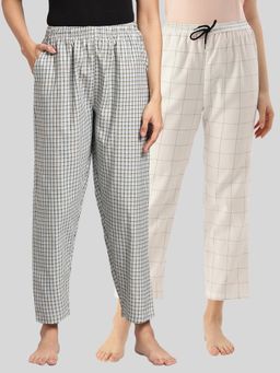 Kryptic - Womens Blue & White Cotton Check Lounge Pajamas (Pack of 2)