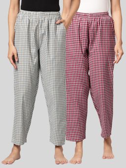 Kryptic - Womens Blue & Maroon Cotton Check Lounge Pajamas (Pack of 2)