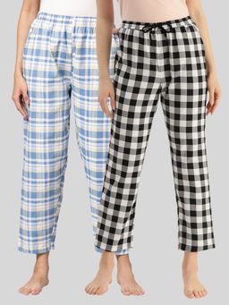 Kryptic - Womens Blue & Black Cotton Check Lounge Pajamas (Pack of 2)