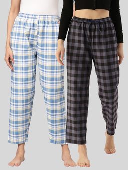Kryptic - Womens Blue & Grey Cotton Check Lounge Pajamas (Pack of 2)