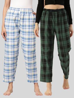 Kryptic - Womens Blue & Green Cotton Check Lounge Pajamas (Pack of 2)