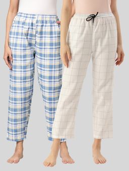 Kryptic - Womens Blue & White Cotton Check Lounge Pajamas (Pack of 2)