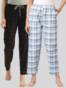 Kryptic - Womens Blue & Black Cotton Check Lounge Pajamas (Pack of 2)
