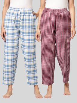 Kryptic - Womens Blue & Maroon Cotton Check Lounge Pajamas (Pack of 2)