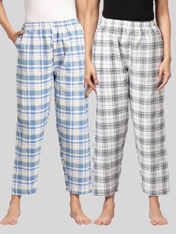 Kryptic - Womens Blue & White Cotton Check Lounge Pajamas (Pack of 2)